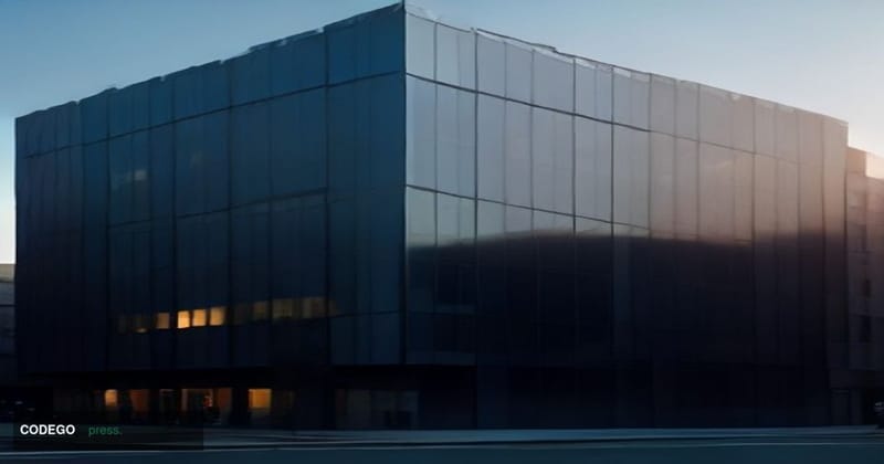A dramatic cinematic editorial photograph of a sleek glass-and-steel blockchain technology office exterior at dusk, located i