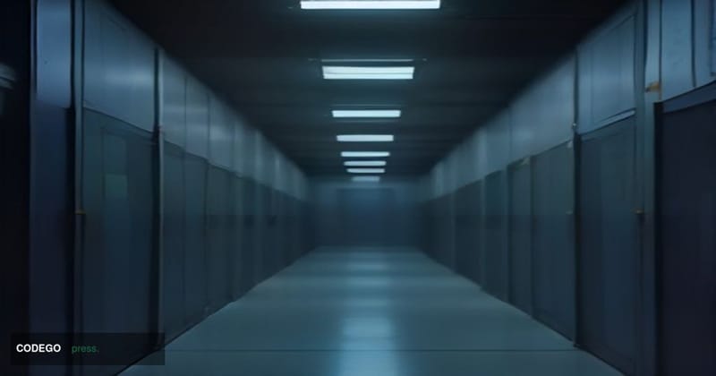 A cinematic editorial photograph set inside a vast, dimly lit high-security data center facility, shot from a low angle looki