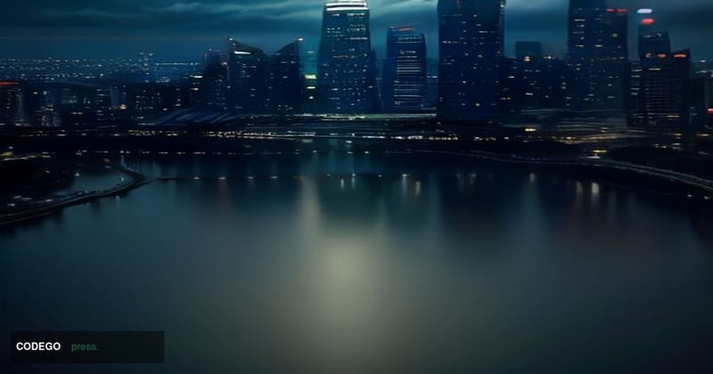 A cinematic editorial photograph of Singapore's central financial district skyline at dusk, viewed from a low angle across th