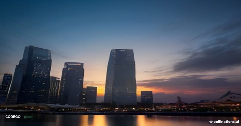 A cinematic editorial photograph of Singapore's Marina Bay financial district at dusk, shot from a low angle looking upward a