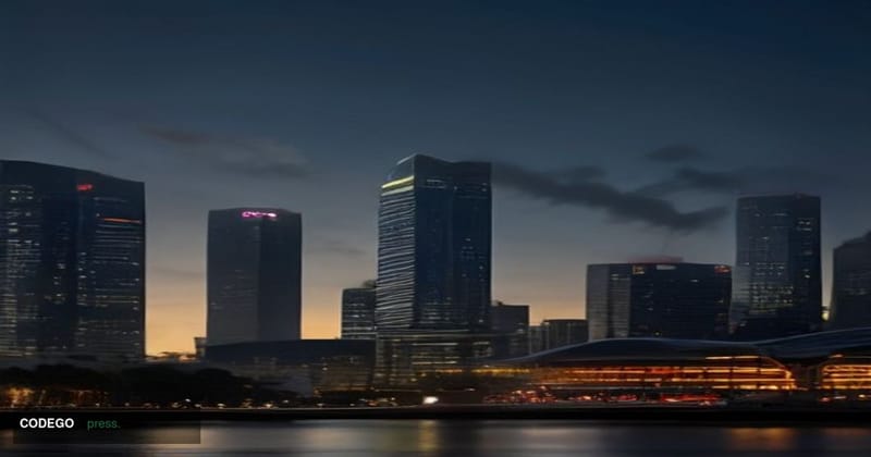A cinematic editorial photograph of the Singapore central business district financial skyline at dusk, viewed from the Marina