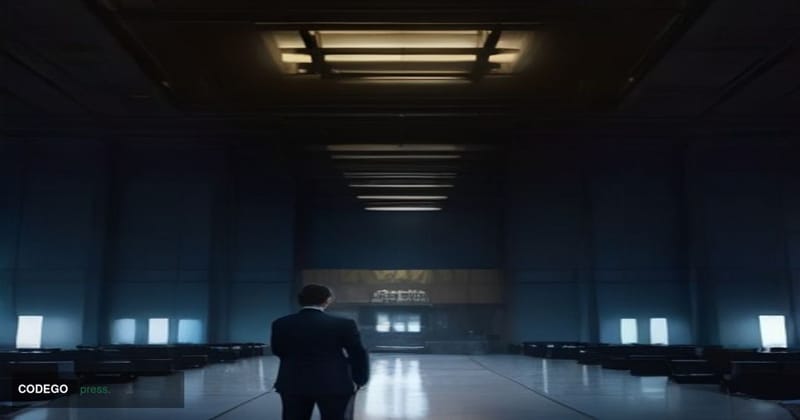 A cinematic photorealistic editorial photograph set inside a grand, high-ceilinged investment banking trading floor inspired 