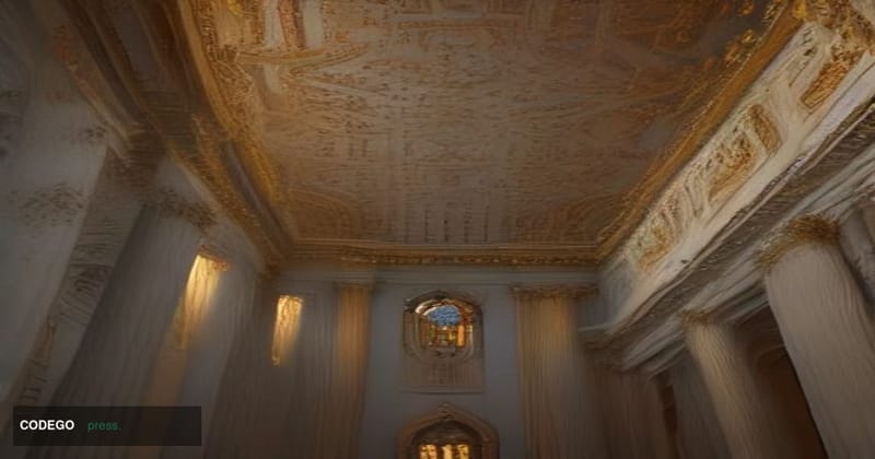 A dramatic wide-angle shot of a grand neoclassical banking hall interior at dusk, shot from a low angle looking upward toward