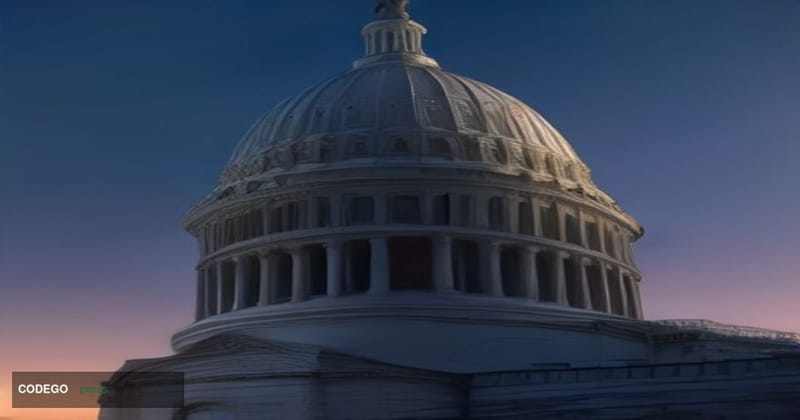 A wide-angle cinematic shot of the United States Capitol building in Washington D.C. photographed at dusk from a low ground-l