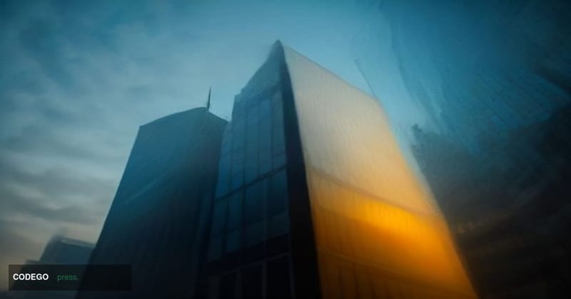 A cinematic editorial photograph set in Singapore's central business district at dusk, viewed from a low angle looking upward