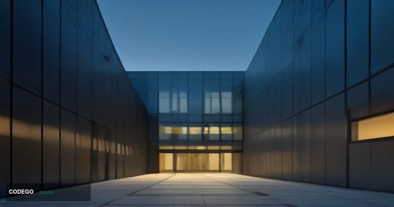 A sleek, modern Swiss banking headquarters exterior photographed at dusk from a low-angle perspective, with a glass-and-steel