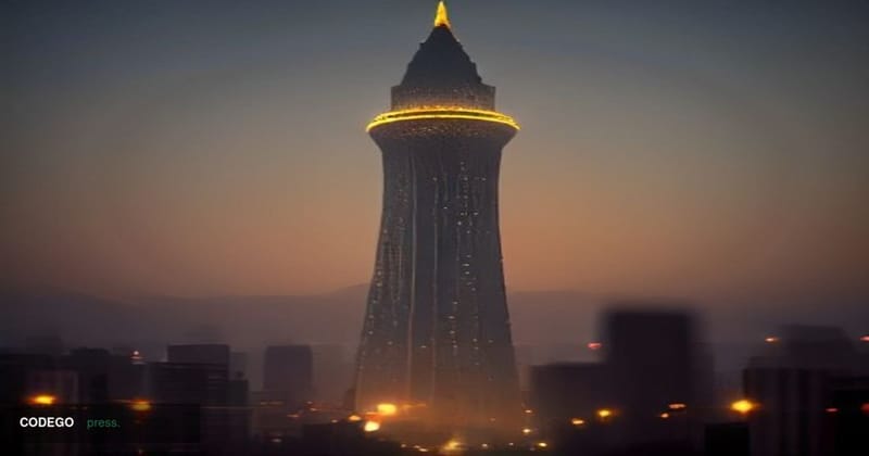 A dramatic cinematic editorial photograph set in Tehran at twilight, with the iconic Azadi Tower visible in the soft-focus ba