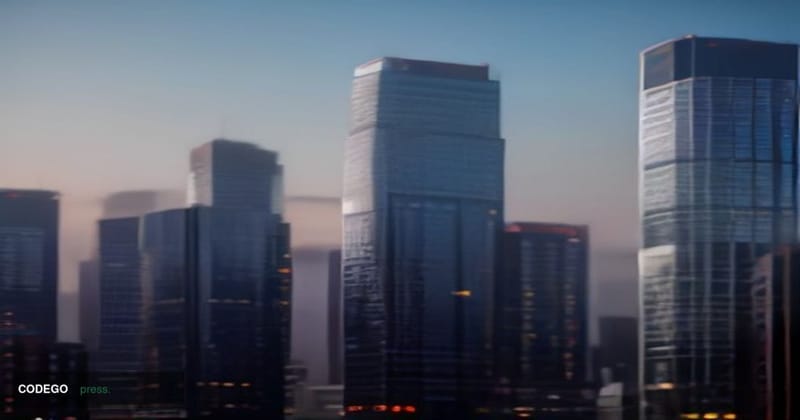 A cinematic editorial photograph set in the financial district of Tokyo, Japan, at dusk, with the iconic glass towers of Shin