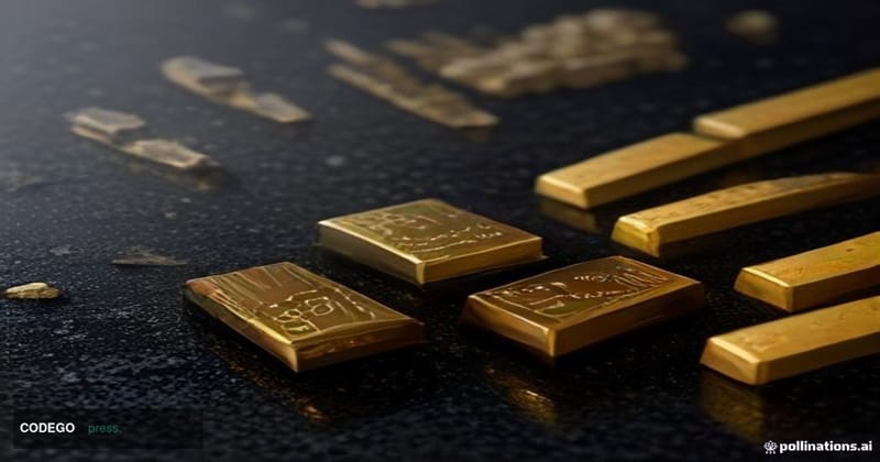A cinematic editorial photograph of gleaming gold and silver bullion bars arranged in a dramatic low-angle composition on a p