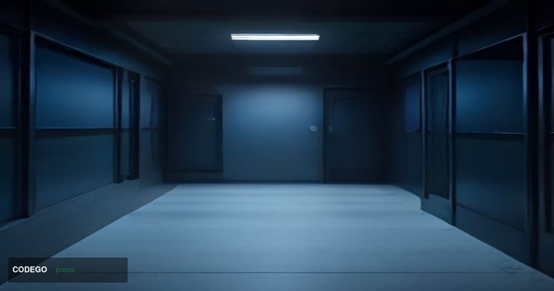 A dramatic cinematic editorial photograph set in a dimly lit server room corridor, with cool blue ambient light emanating fro