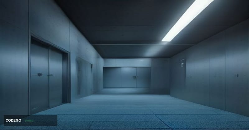 A dramatic photorealistic editorial photograph shot from a low angle looking up at a towering brutalist financial data center