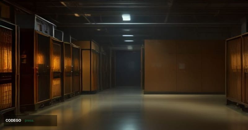 A cinematic editorial photograph of a high-security server facility interior bathed in dramatic amber and cool blue contrast 