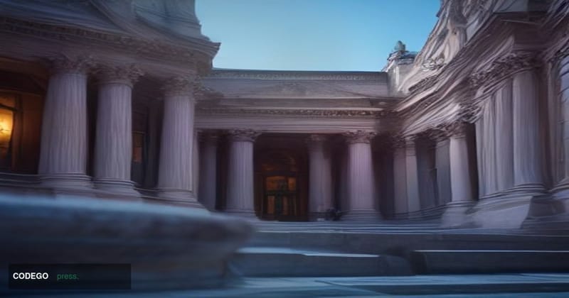 A cinematic editorial photograph of the London Stock Exchange's historic Paternoster Square exterior at dusk, shot from a low