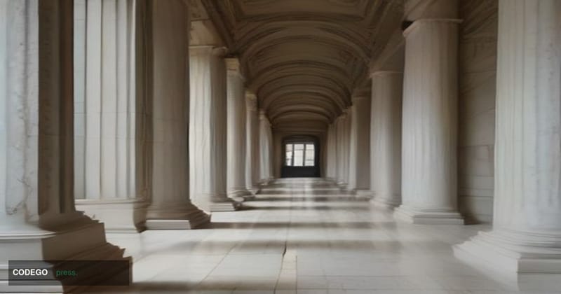 A dramatic cinematic editorial photograph set inside a grand federal courthouse corridor in Washington D.C., featuring neocla