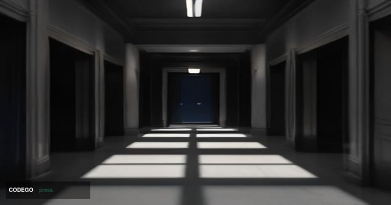 A cinematic editorial photograph set inside a dimly lit federal courthouse corridor, viewed from a low angle looking toward h