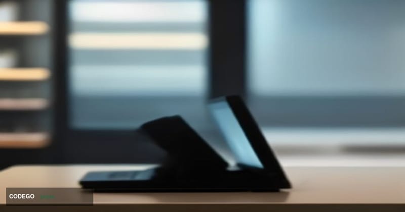 A photorealistic editorial photograph of a sleek modern retail payment terminal environment photographed from a low dramatic 