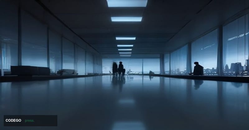 A sleek, modern bank operations center interior shot from a low angle looking up toward floor-to-ceiling glass walls overlook
