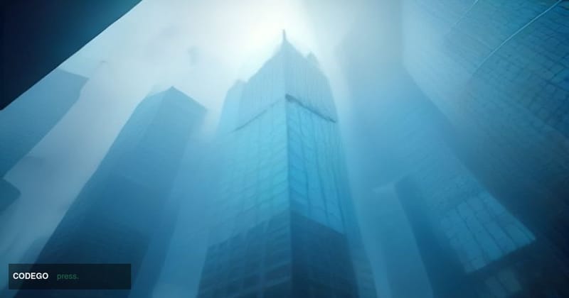A cinematic editorial photograph taken from a low-angle perspective looking up at three towering glass-and-steel corporate of