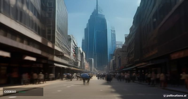 A cinematic editorial photograph shot from street level looking upward at a gleaming glass and steel financial district build