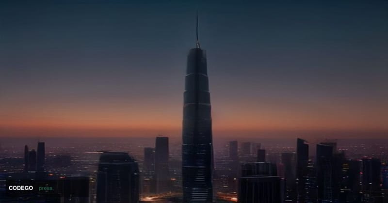 A sweeping photorealistic cinematic aerial photograph of Riyadh's futuristic skyline at dusk, with the Kingdom Centre Tower r
