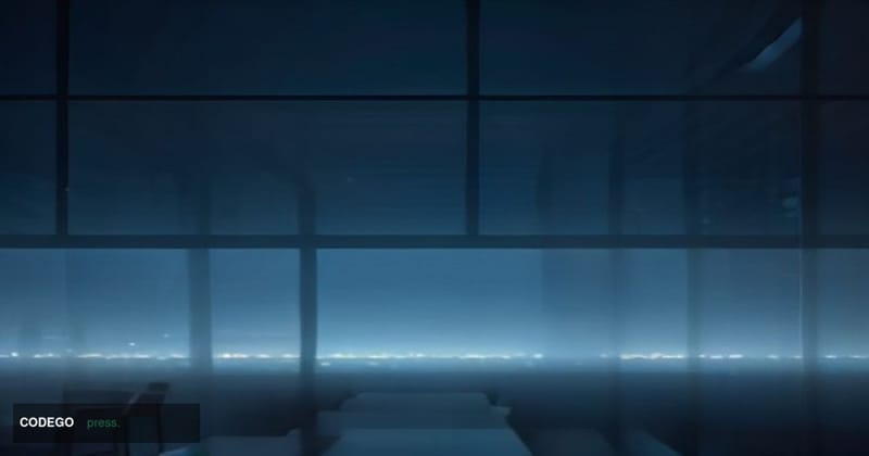 A sleek, modern fintech startup office space photographed from a low angle looking upward through floor-to-ceiling glass wall