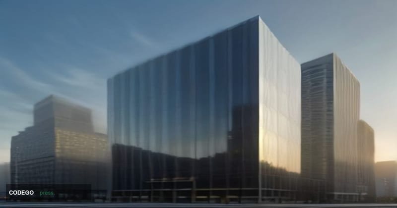 A cinematic editorial photograph of a large contemporary American bank headquarters building in the American Southeast, shot 
