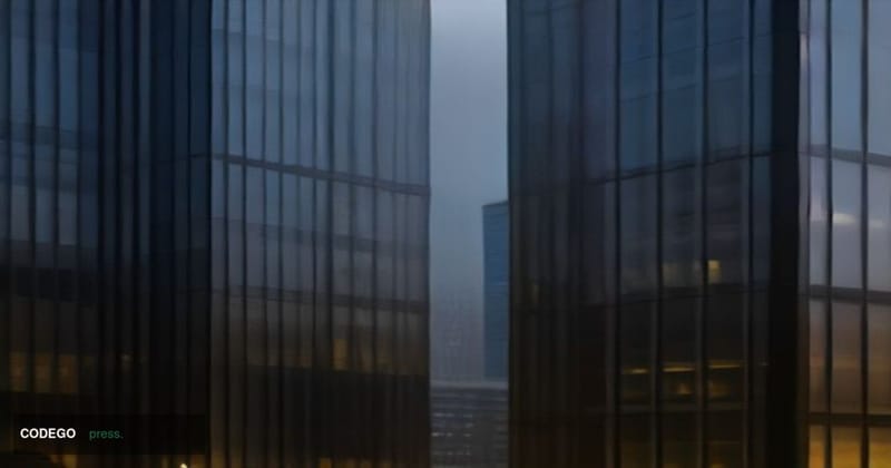 A dramatic cinematic editorial photograph depicting two glass-and-steel corporate office towers — one representing a Dutch ar