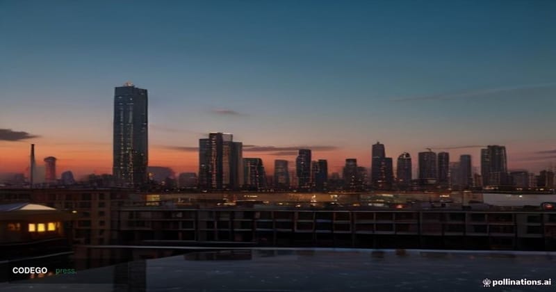 A cinematic editorial photograph set in Bogotá, Colombia, with the distinctive terracotta-and-glass skyline of the financial 