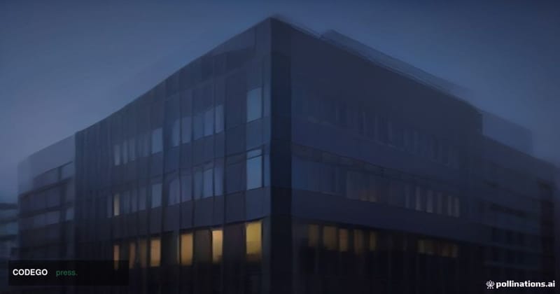 A cinematic editorial photograph shot at ground level looking up at a sleek, modern glass-and-steel corporate technology camp