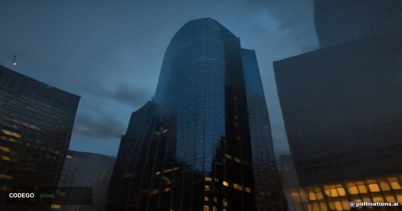 A dramatic low-angle exterior shot of a sleek modern financial exchange building — a glass-and-steel tower with a curved glas