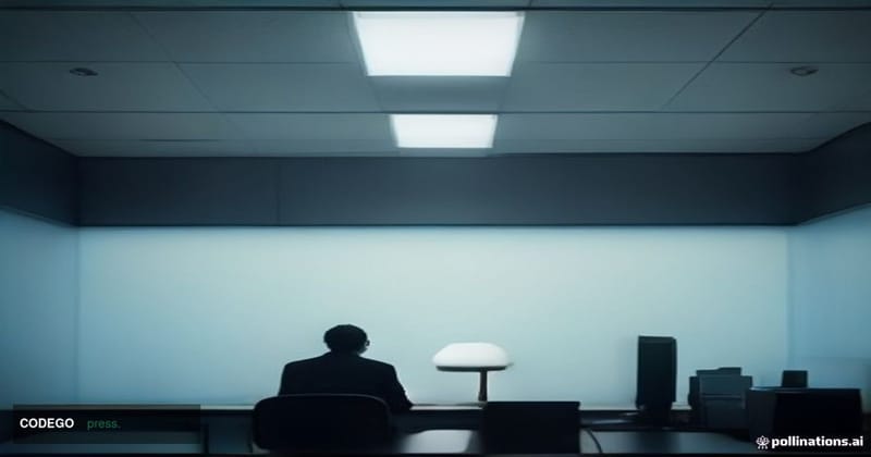 A cinematic editorial photograph set inside a modern credit union operations center, shot from a low angle looking up toward 