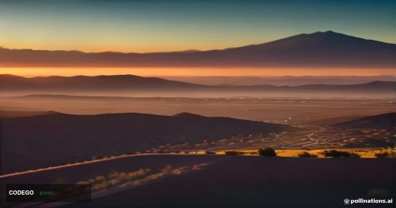 A cinematic editorial photograph shot at the US-Mexico border region at golden hour, capturing a sweeping landscape where lus