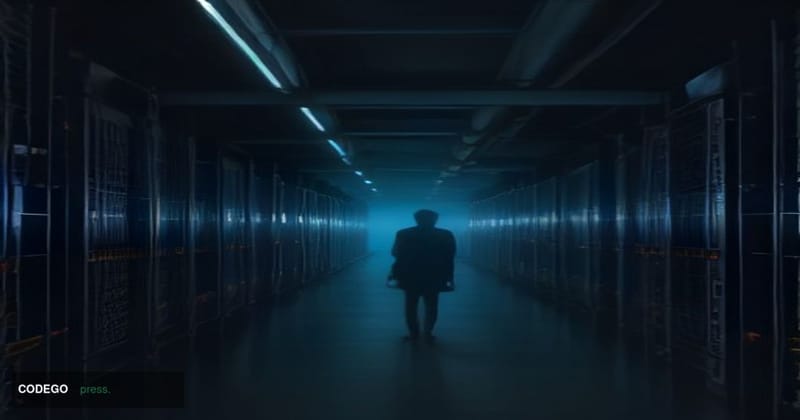 A photorealistic editorial photograph of a vast, dimly lit data center corridor in the foreground, with rows of humming serve