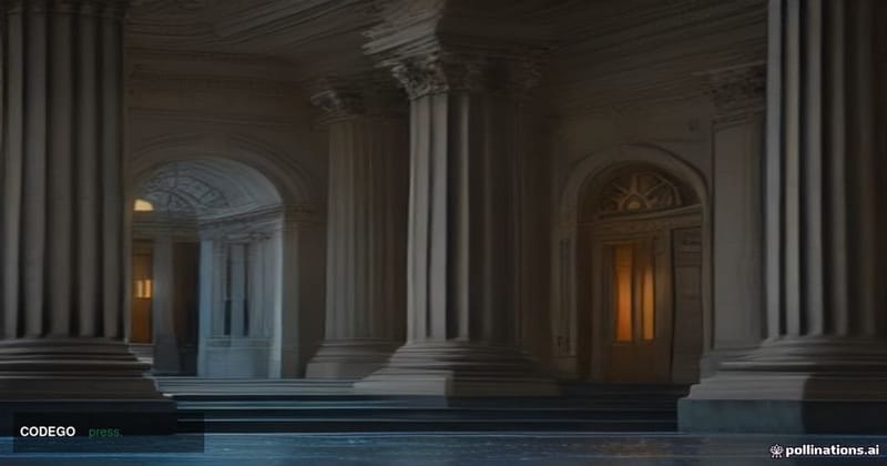 A cinematic editorial photograph of a grand neoclassical government building exterior in lower Manhattan at dusk, its stone c