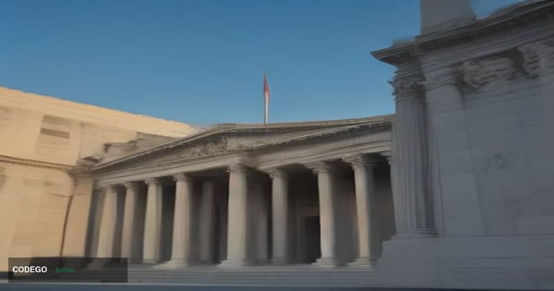 A cinematic editorial photograph of a grand neoclassical federal government building in Washington D.C., shot from a low wide