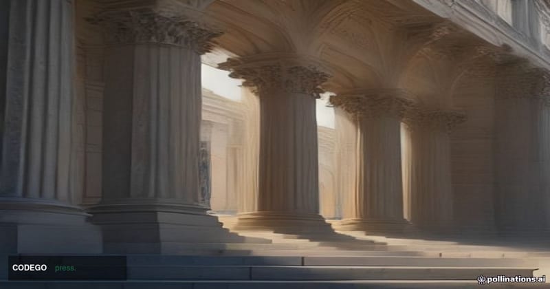 A photorealistic cinematic editorial photograph of a classical stone-columned federal government building in Washington D.C. 