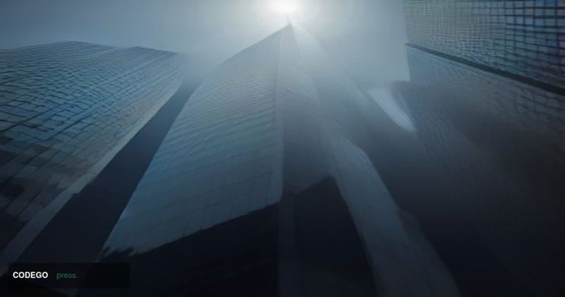 A cinematic editorial photograph of a sleek, glass-and-steel financial district office tower at dusk, shot from a low-angle p