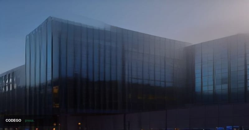 A dramatic cinematic editorial photograph of a sleek, modern glass-and-steel bank headquarters building shot from a low angle