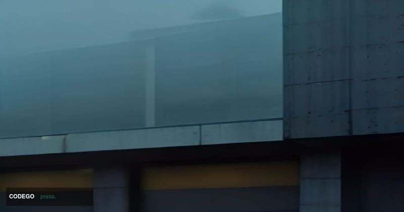 A dramatic cinematic editorial photograph of a shuttered financial exchange office in Santiago, Chile, shot from a low angle 