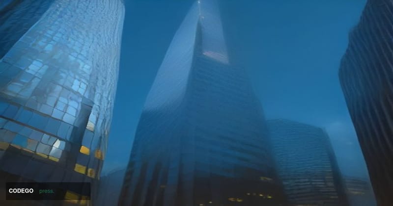 A cinematic editorial photograph shot from a low angle looking up at a sleek Swiss financial district glass-and-steel tower a
