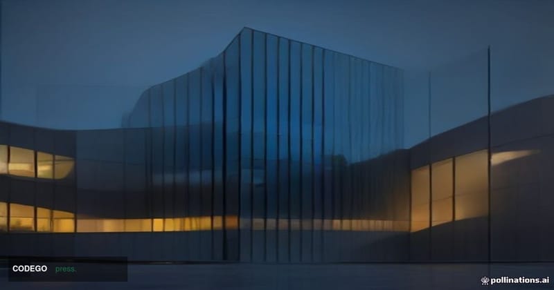 A cinematic editorial photograph shot from a low angle looking up at a sleek glass and steel corporate technology campus at d