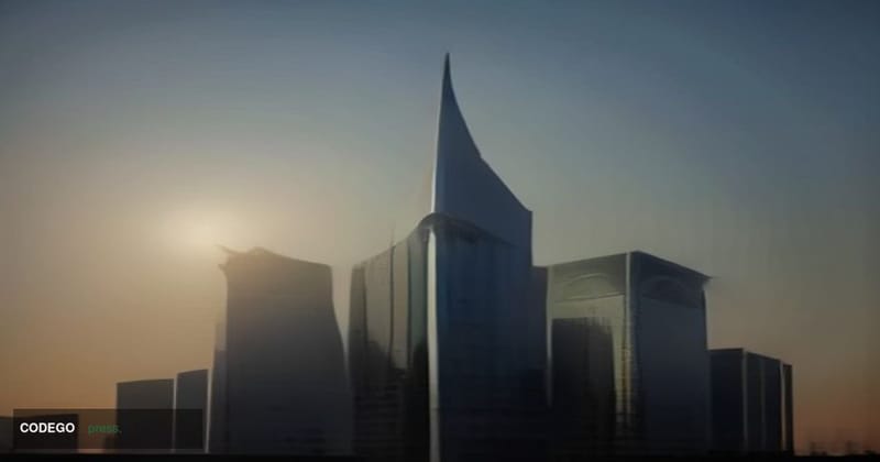 A cinematic editorial photograph shot at low angle looking upward at a sleek, glass-and-steel financial technology campus in 
