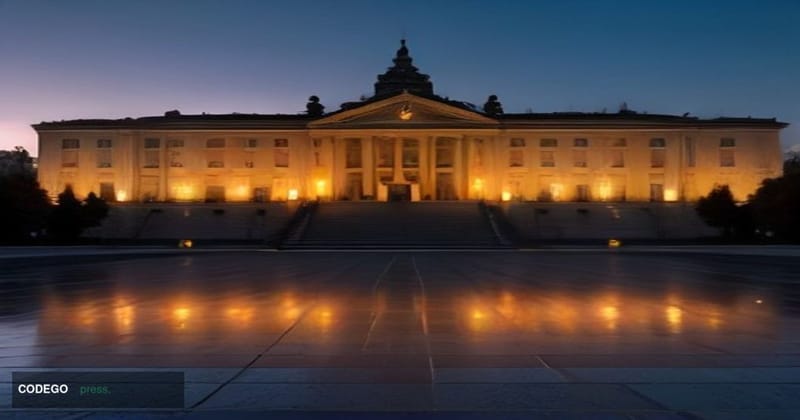 A dramatic wide-angle exterior shot of the Polish Sejm parliament building in Warsaw at dusk, its neoclassical stone facade i