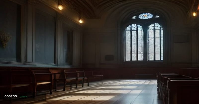 A dramatic cinematic editorial photograph set inside a grand Warsaw courtroom interior, featuring ornate wooden paneling and 