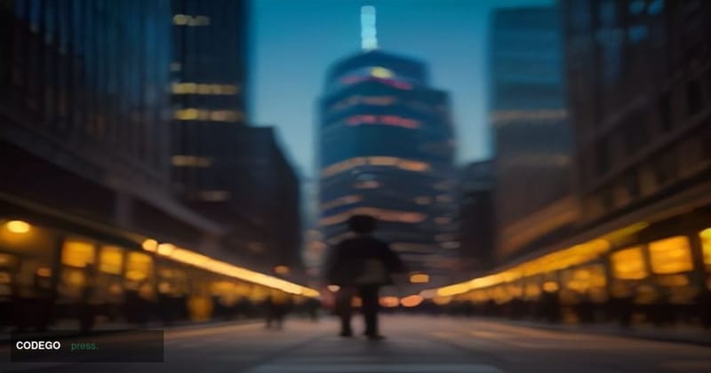 A cinematic editorial photograph shot at ground level looking up toward a modern glass-and-steel financial district office bu