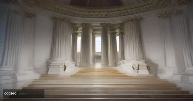 A dramatic wide-angle shot of the United States Capitol building at dusk, its neoclassical white dome bathed in warm amber an