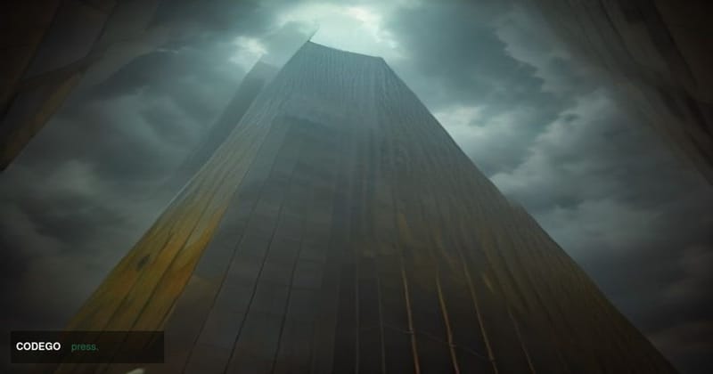 A cinematic editorial photograph taken from a low angle looking up at a towering modernist glass-and-steel financial district