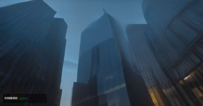 A wide-angle cinematic shot of a sleek glass-and-steel financial district office tower in New York City at dawn, the facade r