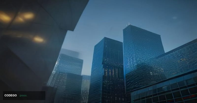 A cinematic editorial photograph shot from a low angle looking up at two distinct glass-and-steel corporate towers in an urba