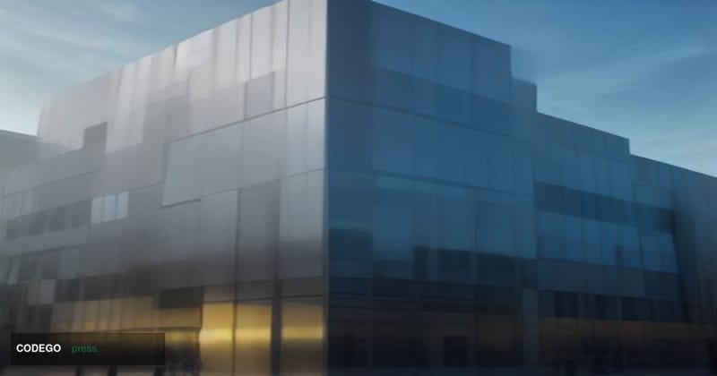 A dramatic wide-angle exterior shot of a sleek, modern American financial technology campus at golden hour, photographed from